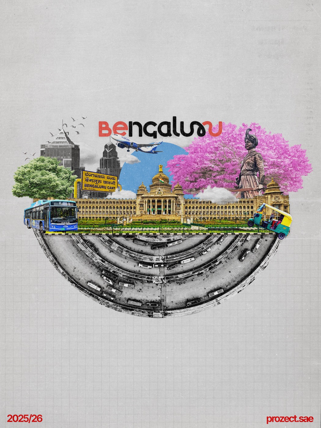 Bengaluru collage featuring Vidhana Soudha, city transport and pink flowering trees